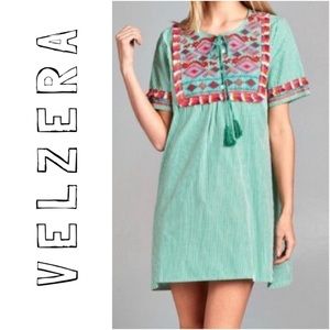 ✨ NWT Velzera Green Embroidered Striped Dress